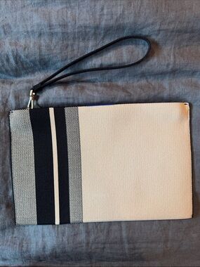 Rothy's Black & Cream Striped Canvas Wristlet